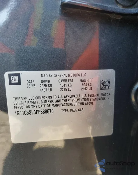 2015 Chevrolet Malibu 1Lt из США, поврежденный, VIN 1G11C5SL3FF338670